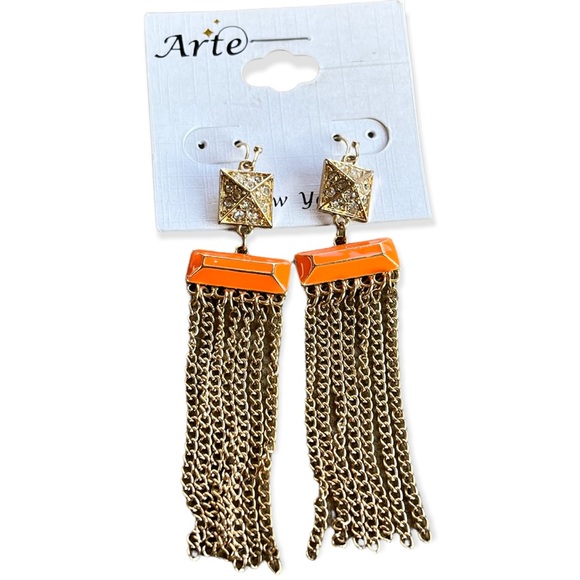 Jewelry - ARTE Orange Deco Chain Long Fringe Gold Tone Drop Dangle Earrings